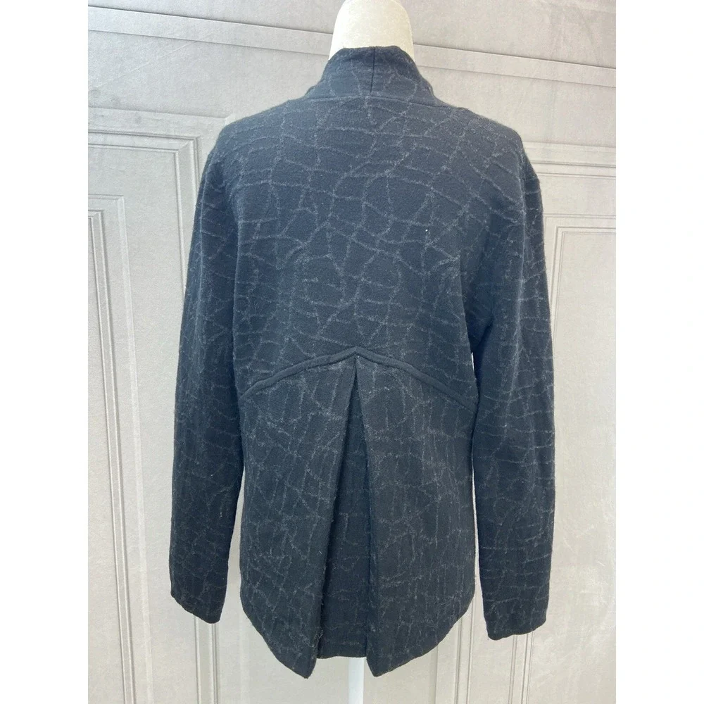 Eileen Fisher Cardigan Sweater Womens L Black Cotton Blend Geometric Open Knit